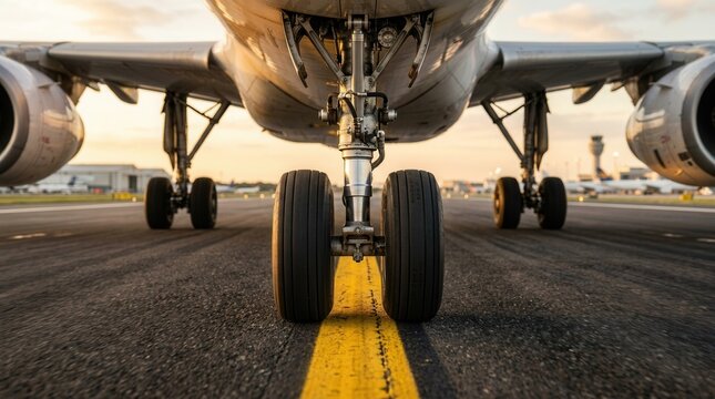 Airplane landing gear touches down on airport runway with front wheels on tarmac yellow line.