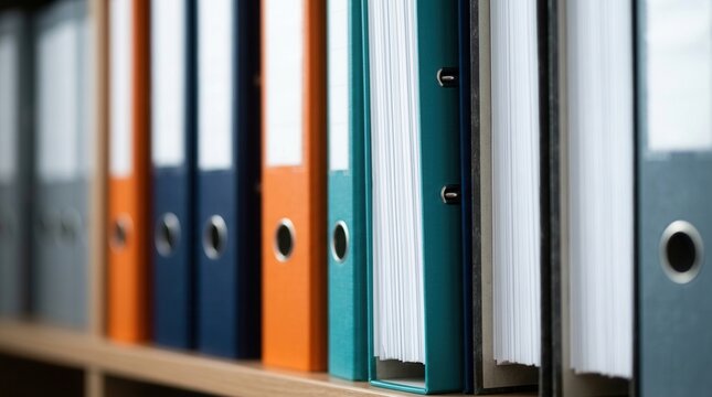 Organized technical documentation manuals in binders for accessible information storage.