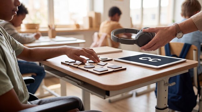 Teacher handing headphones to an elementary student using tactile geometric blocks and tablet with closed captions in an inclusive classroom