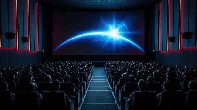 A large cinema auditorium with rows of seats full of an audience watching a big screen showing an image of space and a planet.