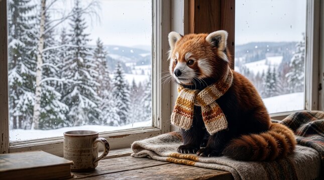 Red panda wearing a scarf looking out a snowy window