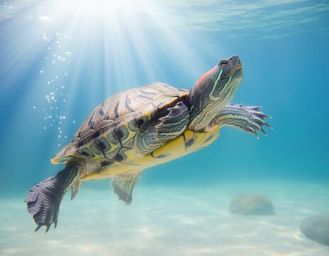 A redeared slider turtle swims underwater toward bright sunlight filtering through the water surface