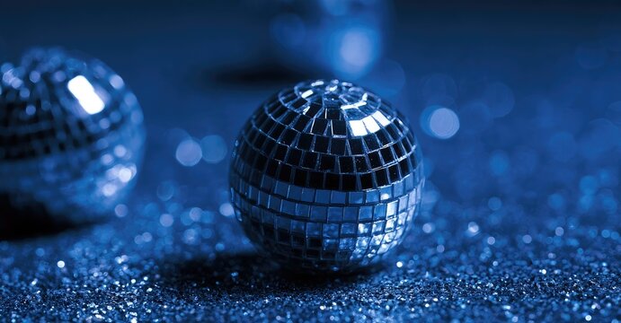 Close-up of a shimmering disco ball on a sparkly, blue, glittery surface