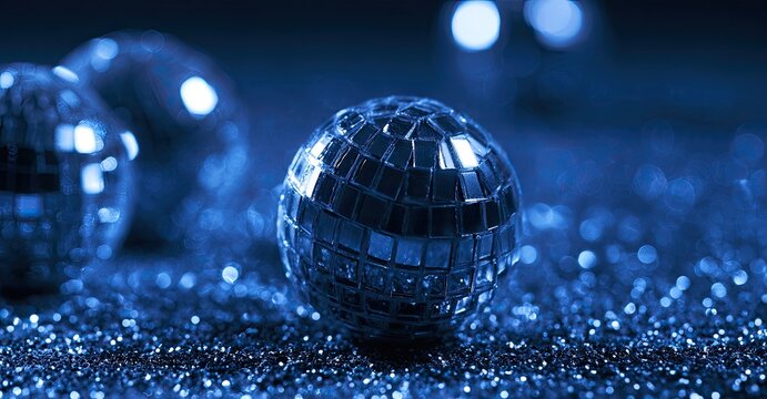 Shimmering disco balls sparkle on a dark, glitter-dusted surface