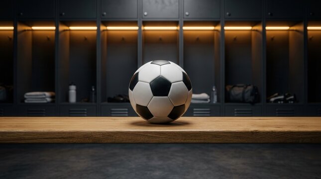 Soccer ball rests on locker room bench in dim light with empty lockers in the dark background.