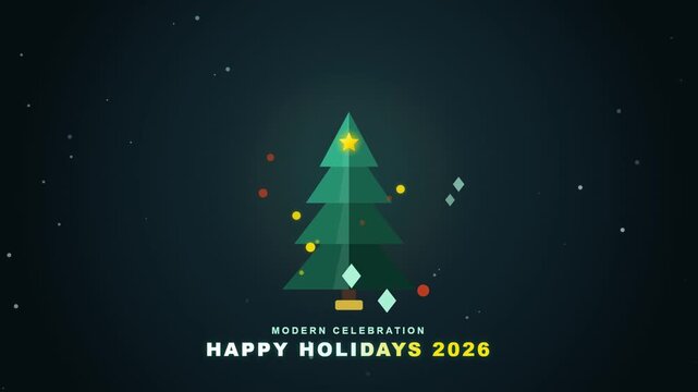 Modern holiday card shows a stylized green Christmas tree with a star on top accompanied by text and geometric shapes on a dark background.