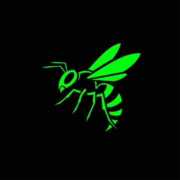 Stylized neon green glowing bee or wasp insect silhouette on a dark black background, resembling a modern logo or icon.
