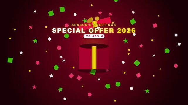 Special offer banner displays a red gift box with a yellow ribbon surrounded by colorful confetti and text against a dark red backdrop.