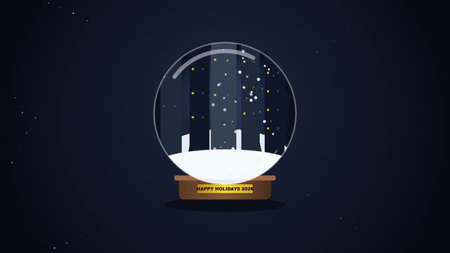 Snow globe resting on a wooden base with falling snowflakes inside against a dark winter night background.