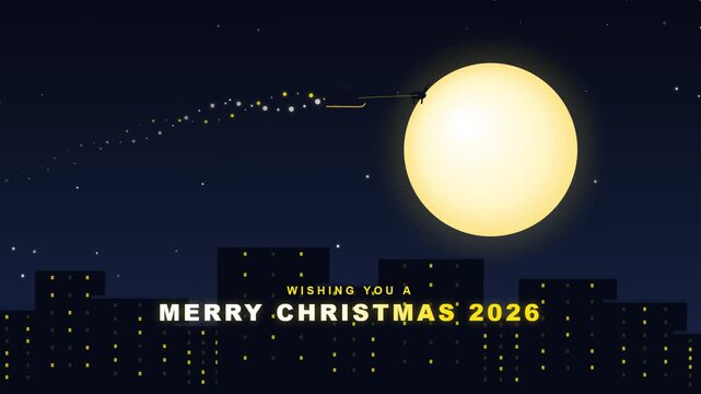 Christmas greeting card features a large full moon glowing over a dark city skyline with silhouetted buildings and starry night sky.