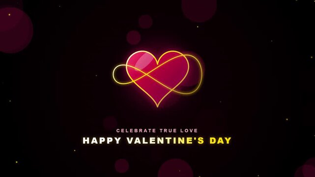 Valentines day card features a glowing pink heart symbol combined with an infinity loop set against a dark background with festive text.