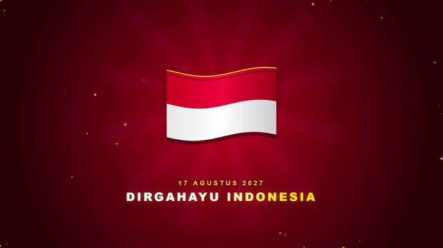 Indonesian Independence Day greeting card displays a waving national flag in red and white against a dark red backdrop with sparkling particles.