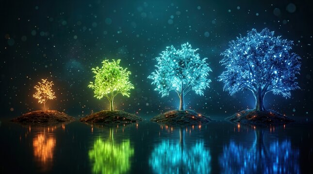 Four luminous trees showing stages of development from small sapling to large tree in a digital landscape.