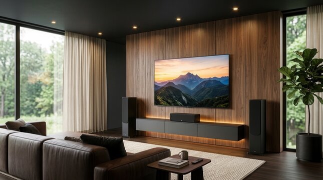 Modern living room featuring a home theater system with a large TV on wooden wall paneling.
