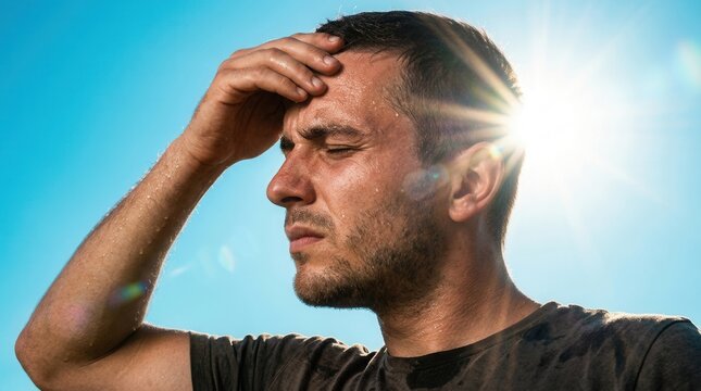 Man wipes sweat from forehead under bright sun on a hot summer day.