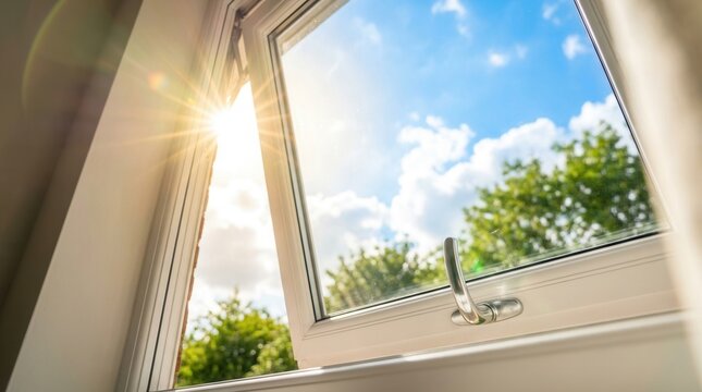 Bright sunny sky with sun flare and green trees seen through open window frames.