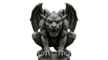 Fototapeta premium Stone gargoyle with open mouth and wings isolated on transparent background