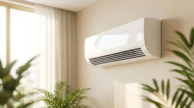 Modern living room with a white air conditioner on a beige wall for home climate control.