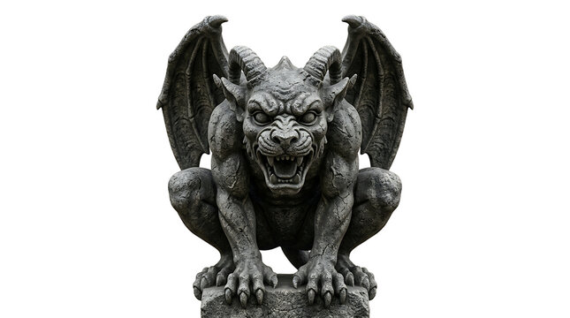 Stone gargoyle with open mouth and wings isolated on transparent background