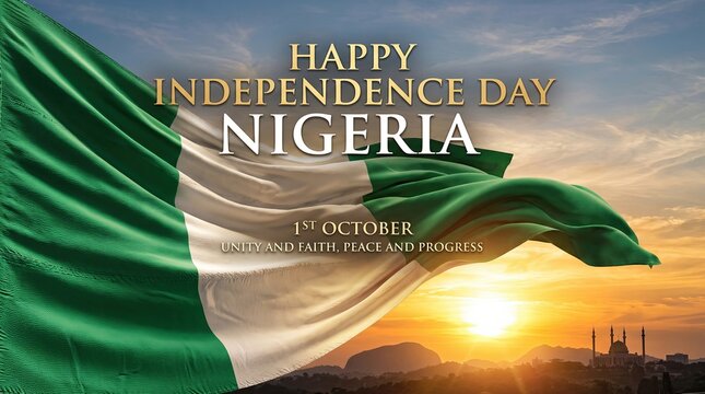 Nigeria Independence Day Flag Waving at Sunrise.
