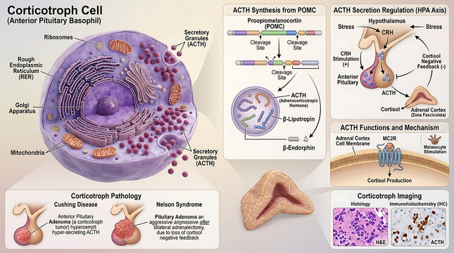 3D Photorealistic Complete Human Corticotroph Cell Anatomy with ACTH Synthesis and CRH Regulation