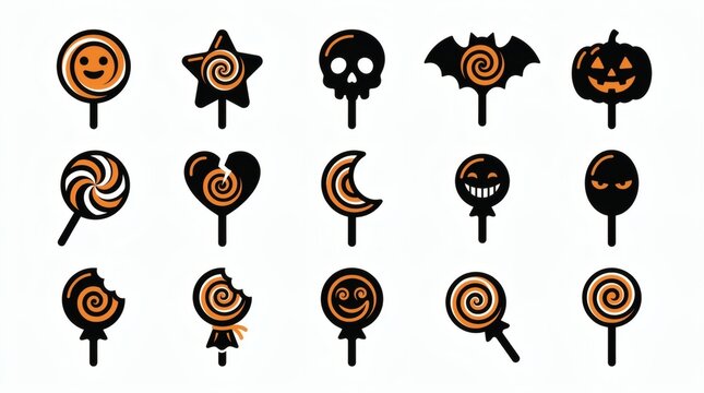 Black And Orange Two Tone Flat Vector Halloween Lollipop Spiral Shapes Collection

