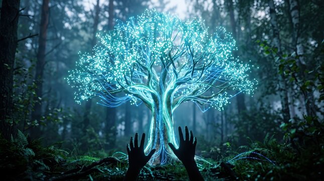 Fantasy glowing tree in misty forest, magical energy, supernatural phenomenon, hands reaching out, mystical lights, ethereal atmosphere, digital art style, concept illustration for magic and wonder.