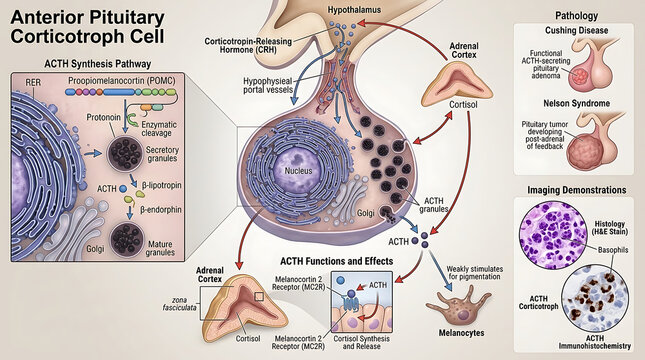 3D Photorealistic Complete Human Corticotroph Cell Anatomy with ACTH Synthesis and CRH Regulation