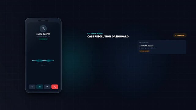 Digital mobile interface dashboard featuring a customer support call in progress with detailed case resolution information on a dark background