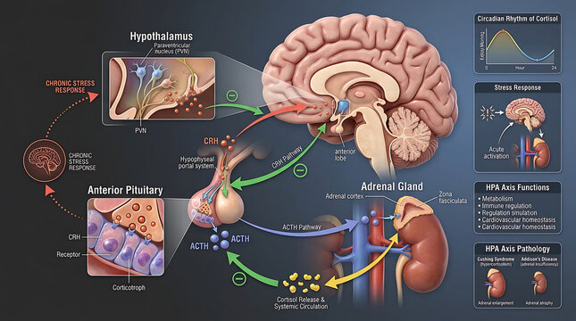 3D Photorealistic Complete Human HPA Axis Anatomy with CRH ACTH Cortisol and Feedback Regulation