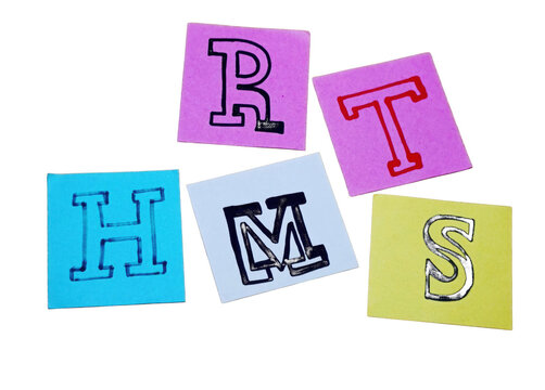 Five square paper cards featuring hand-drawn letters r, t, h, m, s on white background isolated on a transparent background