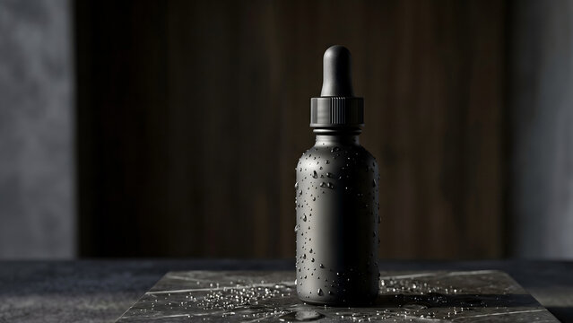 Luxury black serum bottle with water droplets