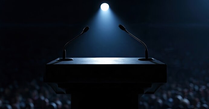 A spotlight illuminates two microphones on an empty podium before a crowd