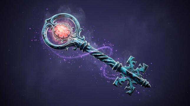 An ornate floating haunted key with a teal metal texture, embedded glowing red gem, and swirling purple magic smoke and glowing particles against a dark background.