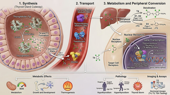 3D Photorealistic Complete Human Thyroid Hormone Anatomy with T4 T3 Synthesis Metabolism and Action