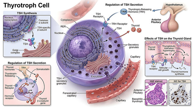 3D Photorealistic Complete Human Thyrotroph Cell Anatomy with TSH Synthesis and TRH Regulation