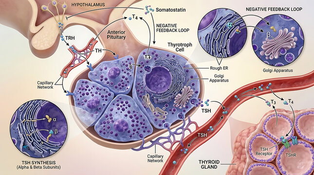 3D Photorealistic Complete Human Thyrotroph Cell Anatomy with TSH Synthesis and TRH Regulation
