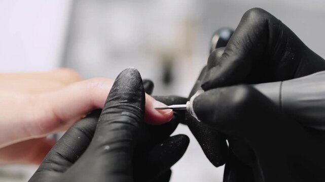Close up of a beauty salon worker in black gloves shaping nails with an electric drill.
