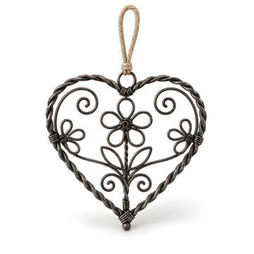 Slovak Drotarstvo Wire Heart Ornament with Floral Scrollwork