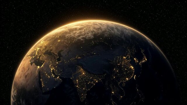 Seamless Loop Rotating Earth with Glowing Cities and Sunset Terminator