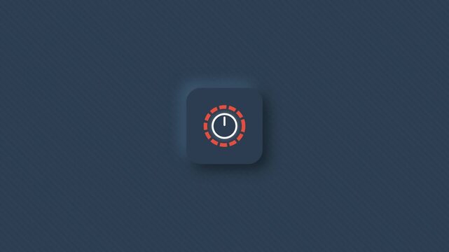A square power button with a white icon and red ring of dots on a dark blue textured surface, framed in a flat lay composition with soft lighting and a split background of navy blue and