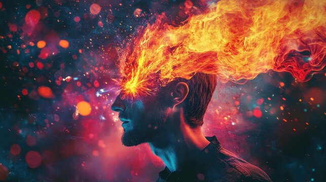 Human Silhouette with Fiery Head Against Colorful Background