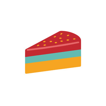 Slice of layered cake with red frosting and yellow dots