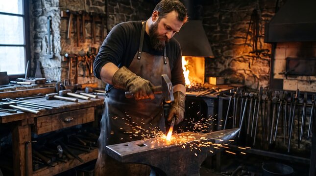 A blacksmith is forging glowing metal on an anvil within a rustic workshop setting blacksmithing forge hammer metalwork craft craftsmanship