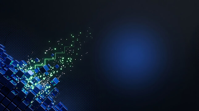 Abstract digital cubes ascending with glowing particles during a futuristic concept