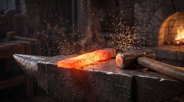 Forged steel being hammered on a dark metal anvil in a blacksmith s workshop setting blacksmithing forging hammer hammering hotmetal