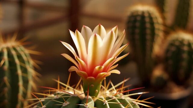 Cactus flower opening in greenhouse light