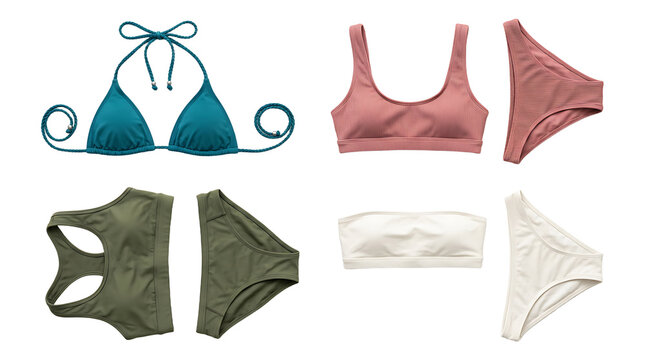 Assorted bikini swimwear pieces isolated on transparent background