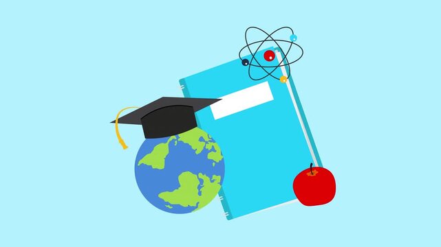 Education and Science Concept with Globe, Graduation Cap, Atom Symbol, Book and Apple