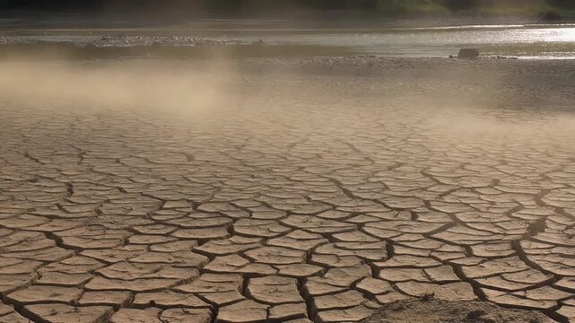 Dust lifting from a cracked riverbed